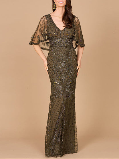 Cape Sleeve V-Neck Beaded Gown by Lara New York