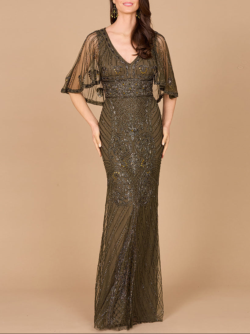 Cape Sleeve V-Neck Beaded Gown by Lara New York