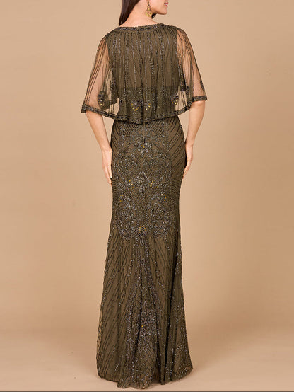 Cape Sleeve V-Neck Beaded Gown by Lara New York