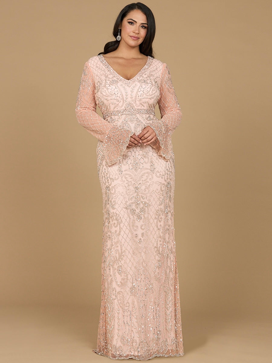 Long Bell Sleeve V-Neck Beaded Gown by Lara New York