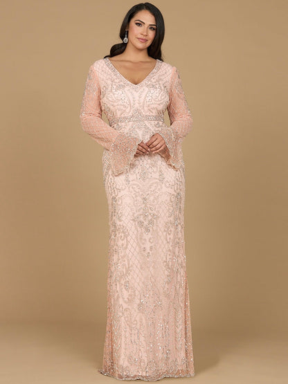Long Bell Sleeve V-Neck Beaded Gown by Lara New York