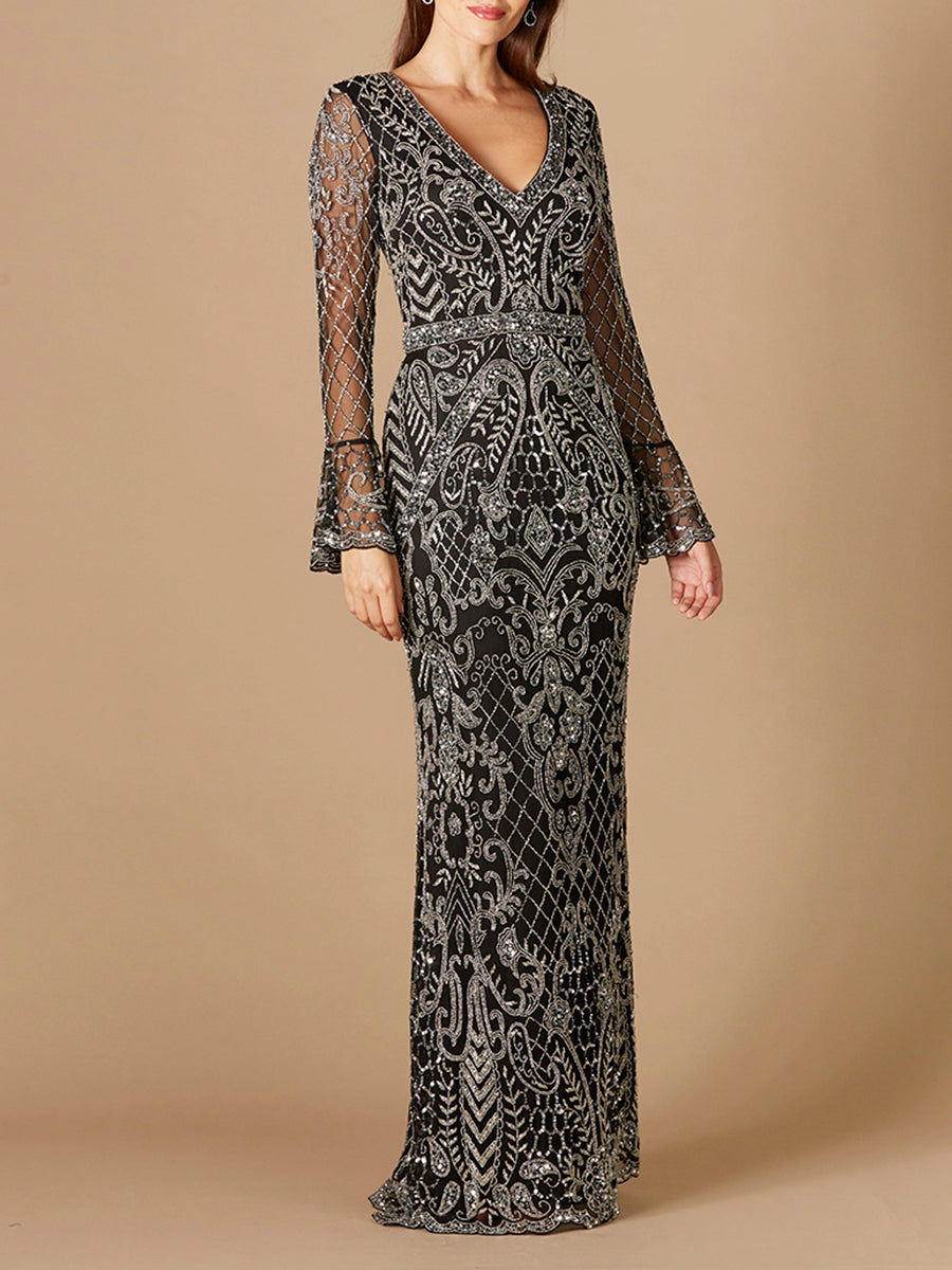 Long Bell Sleeve V-Neck Beaded Gown by Lara New York