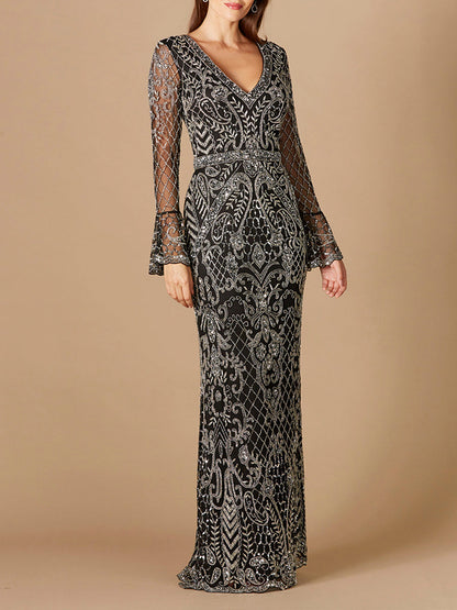 Long Bell Sleeve V-Neck Beaded Gown by Lara New York