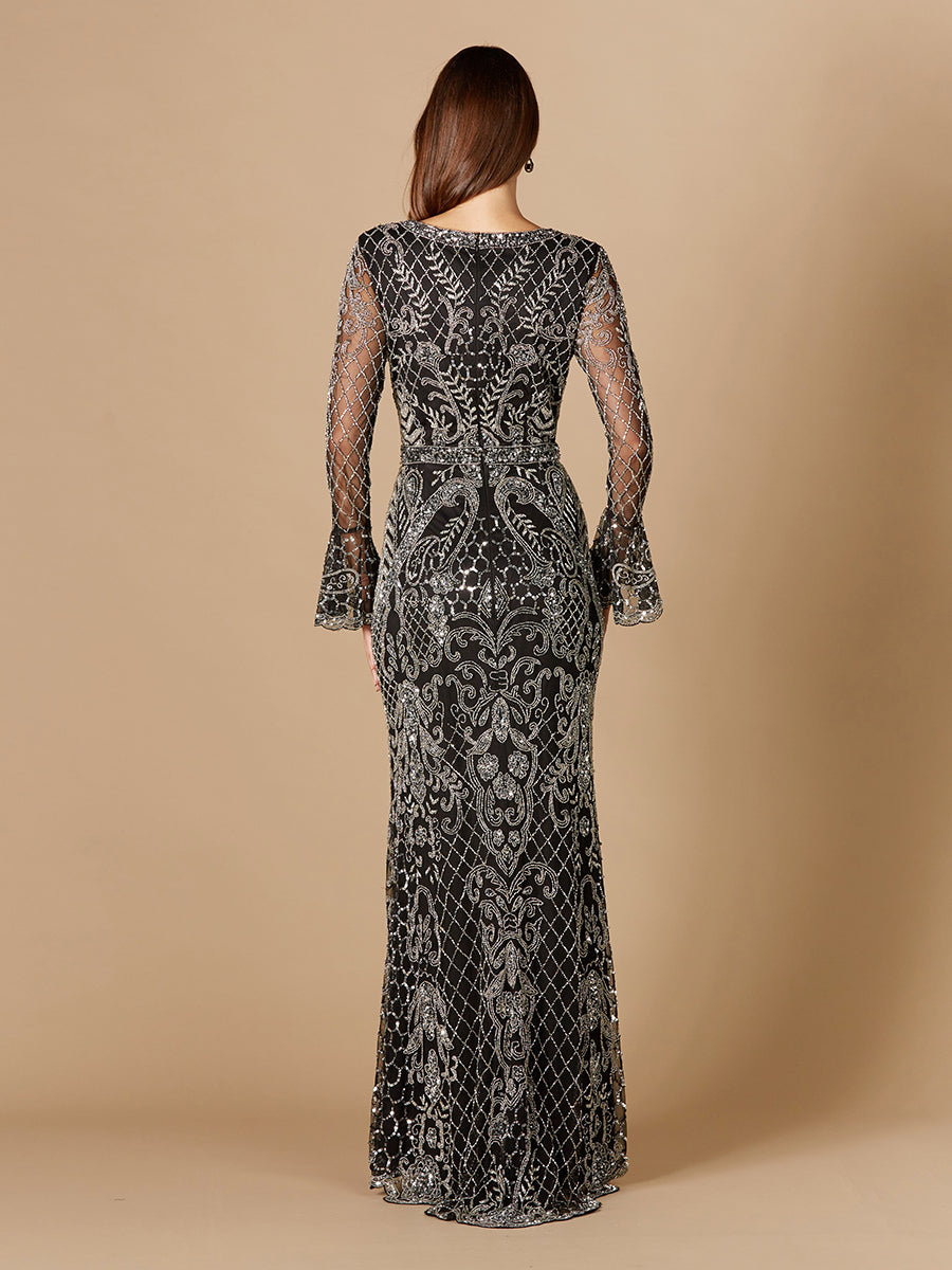 Long Bell Sleeve V-Neck Beaded Gown by Lara New York