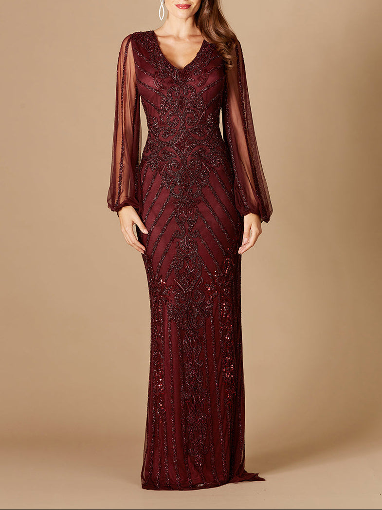 Long Flutter Sleeves Beaded Dress by Lara New York