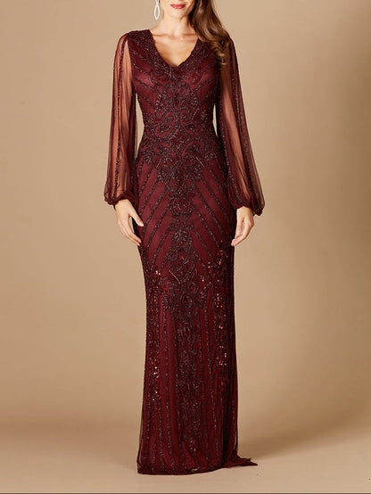 Long Flutter Sleeves Beaded Dress by Lara New York