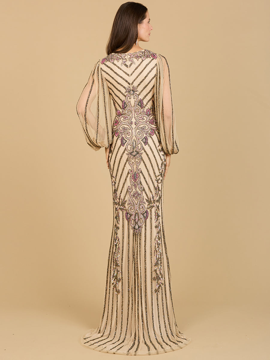 Long Flutter Sleeves Beaded Dress by Lara New York