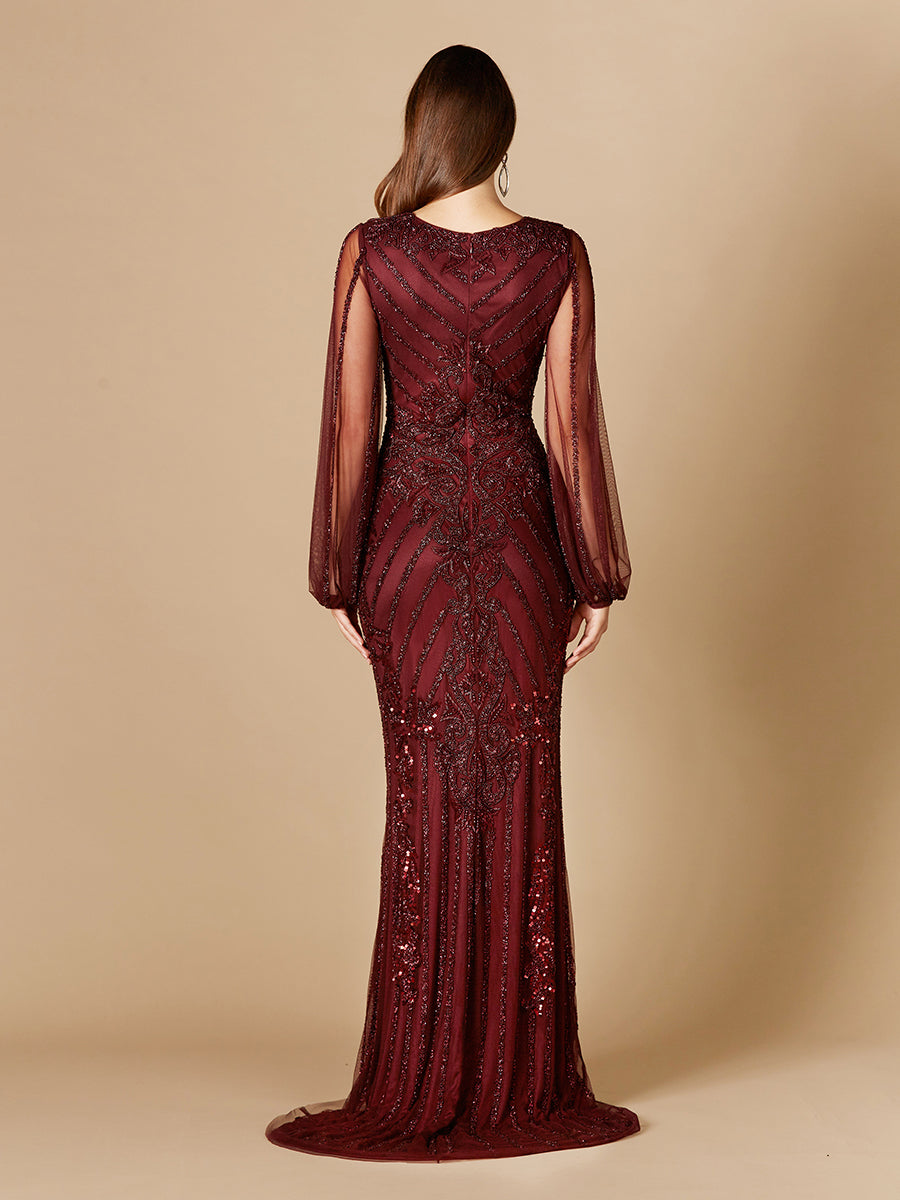 Long Flutter Sleeves Beaded Dress by Lara New York