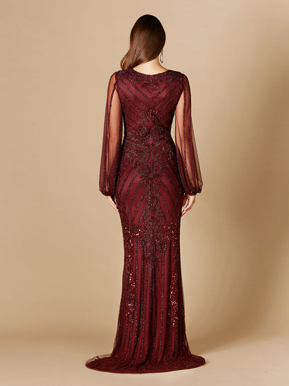 Long Flutter Sleeves Beaded Dress by Lara New York