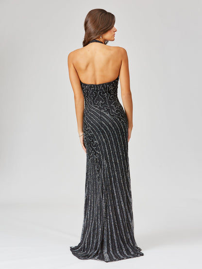 Giselle Beaded Halter Gown with Slit by Lara New York