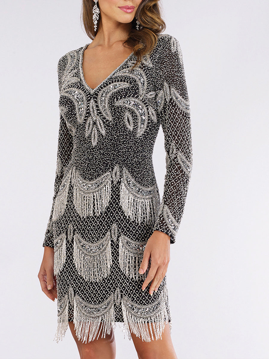 Lara 29377 - Long Sleeve Beaded V-Neck Fringe Cocktail Dress by Lara New York