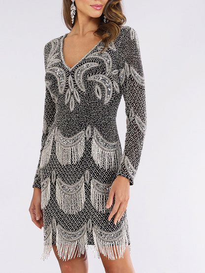 Lara 29377 - Long Sleeve Beaded V-Neck Fringe Cocktail Dress by Lara New York