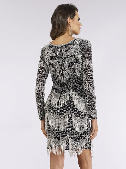 Lara 29377 - Long Sleeve Beaded V-Neck Fringe Cocktail Dress by Lara New York