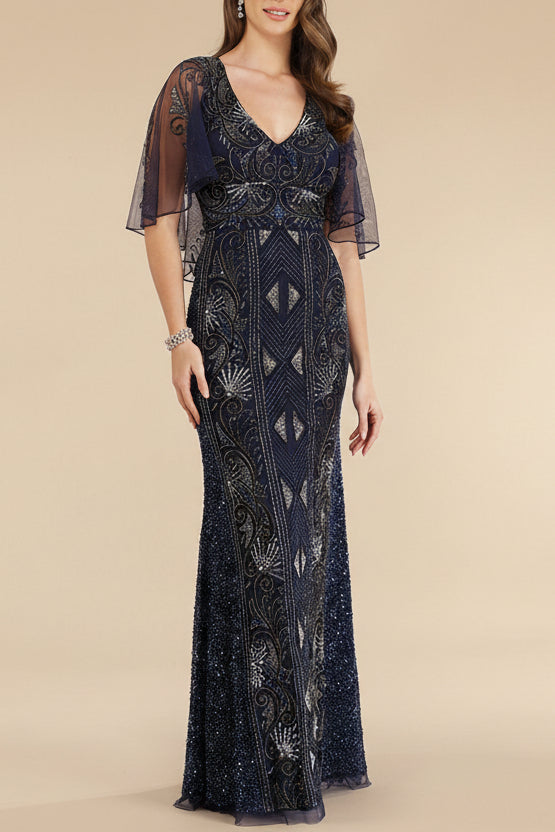Lara 29393 - Cape Sleeve Beaded Gown by Lara New York