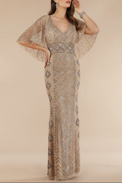 Lara 29397 - Cape Sleeve V-Neck Beaded Gown - OUTLET by Lara New York