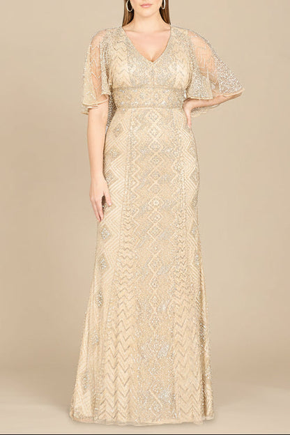 Lara 29397 - Cape Sleeve V-Neck Beaded Gown - OUTLET by Lara New York