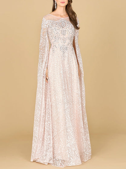 Lace Gown with Dramatic Cape Sleeves | Lara 29454 by Lara New York