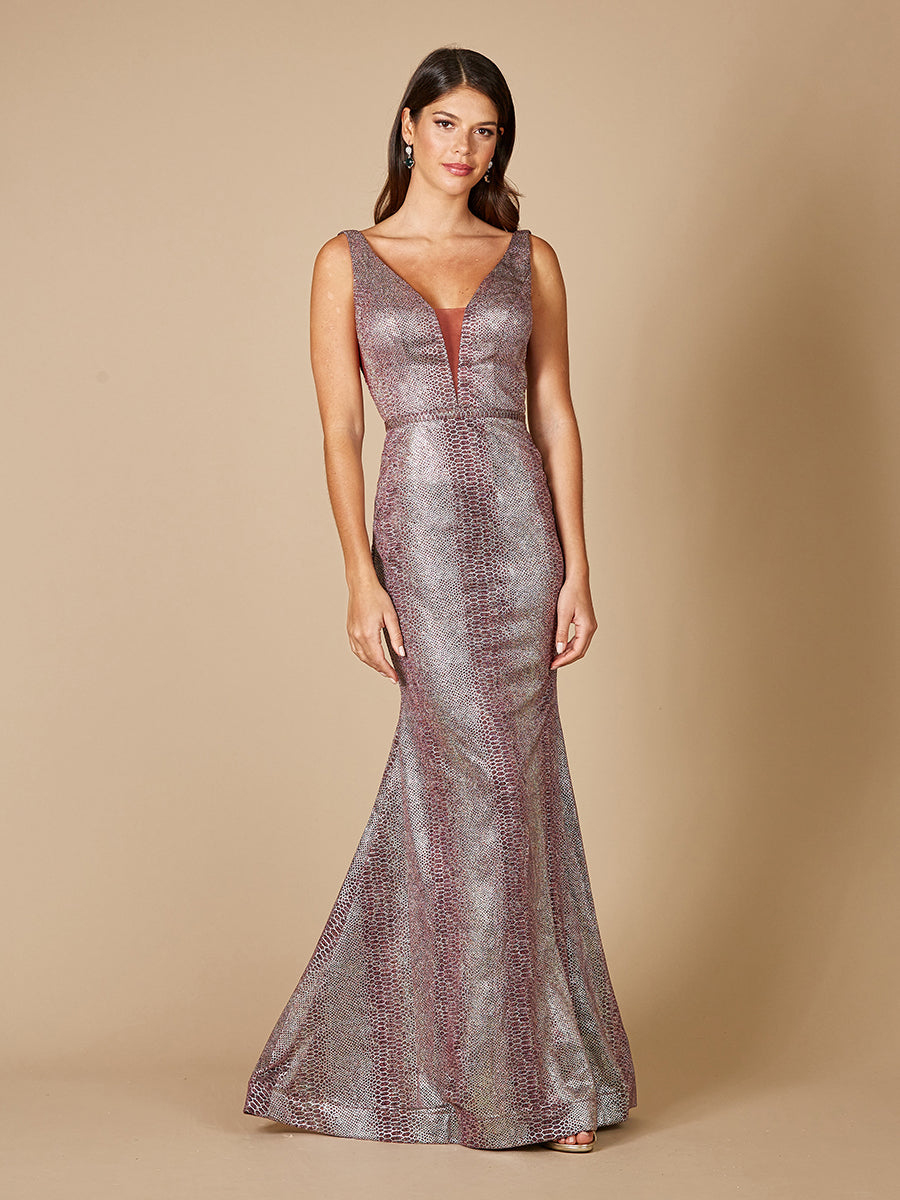 Plunging V-Neckline Mermaid Snake Print Gown OUTLET by Lara New York