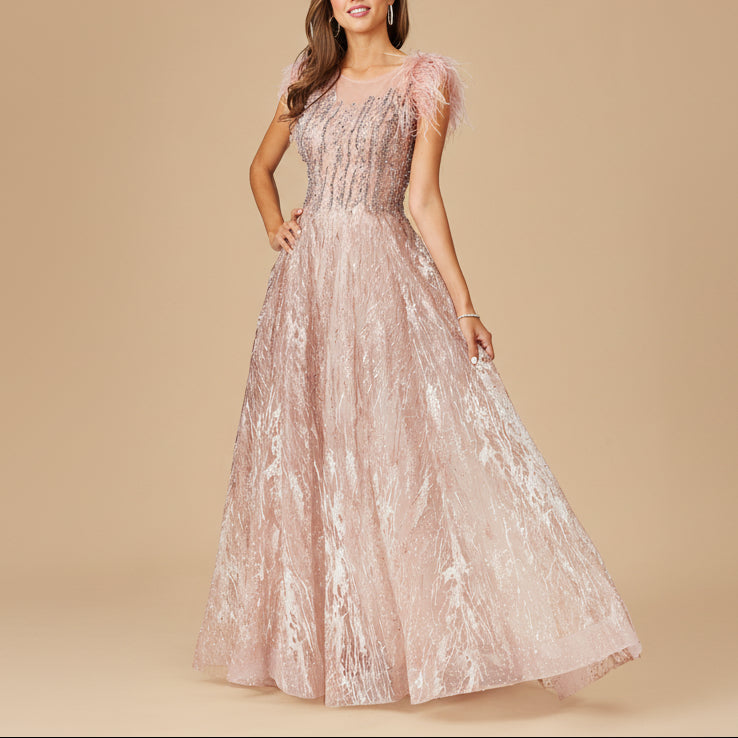 Lace ballgown with Feather Cap Sleeves by Lara New York