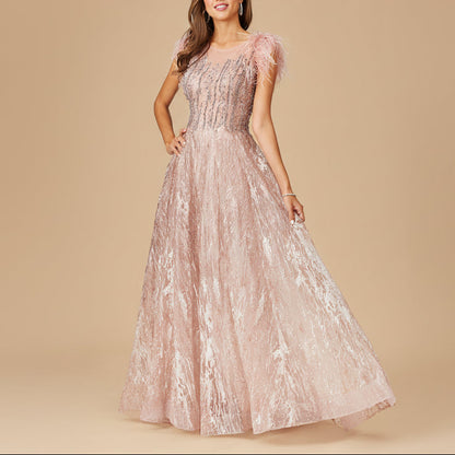 Lace ballgown with Feather Cap Sleeves by Lara New York