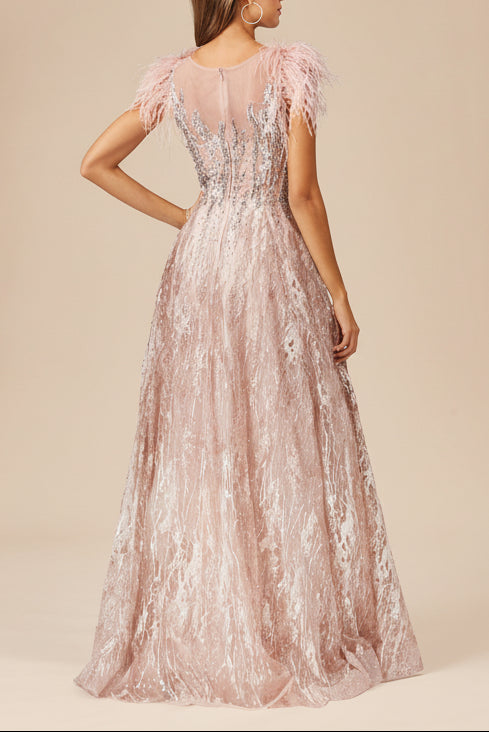 Lace ballgown with Feather Cap Sleeves by Lara New York
