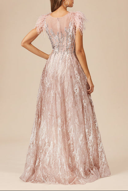 Lace ballgown with Feather Cap Sleeves by Lara New York