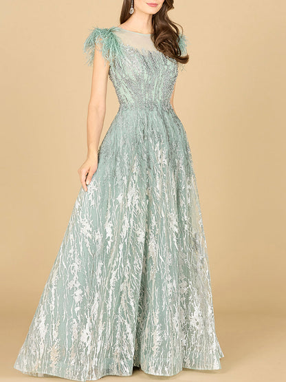 Lace ballgown with Feather Cap Sleeves by Lara New York