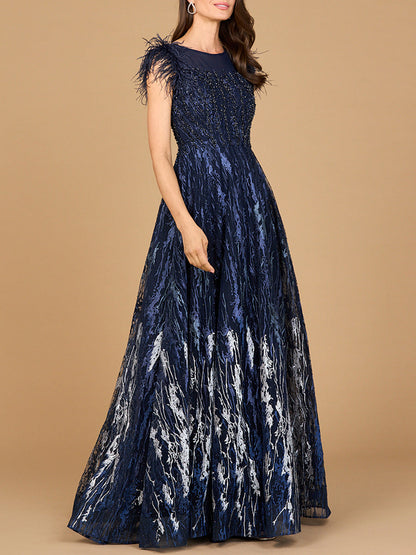 Lace ballgown with Feather Cap Sleeves by Lara New York
