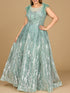 Lace ballgown with Feather Cap Sleeves by Lara New York