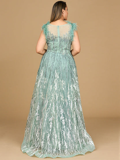 Lace ballgown with Feather Cap Sleeves by Lara New York