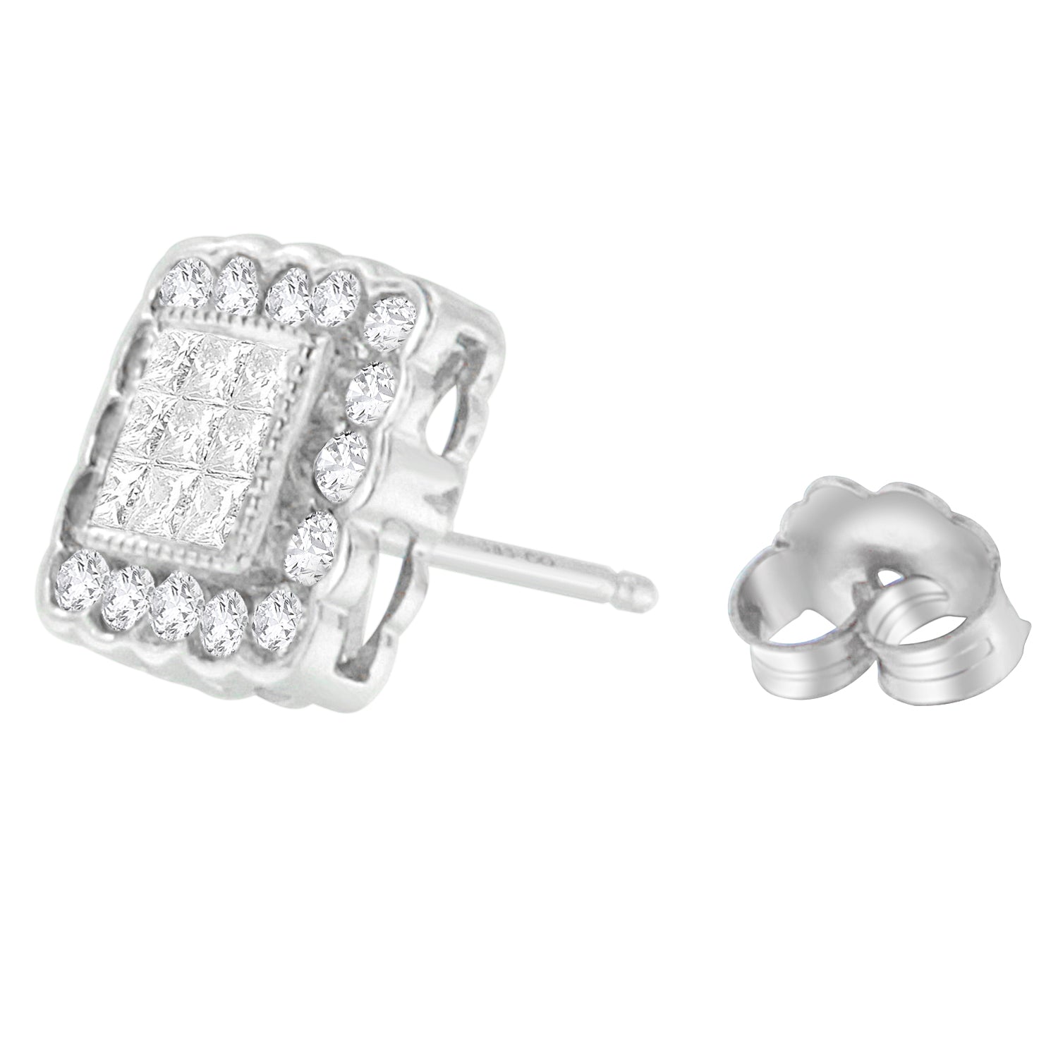 14K White Gold 1.0 Cttw Round Brilliant &amp; Princess Cut Diamond Scallop-Edge Framed Square Halo Stud Earrings (G-H Color, SI1-SI2 Clarity) by Bids.com