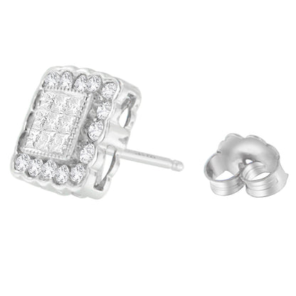 14K White Gold 1.0 Cttw Round Brilliant &amp; Princess Cut Diamond Scallop-Edge Framed Square Halo Stud Earrings (G-H Color, SI1-SI2 Clarity) by Bids.com