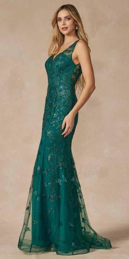 Juliet 294 Long Butterfly Appliques Low V-Neck Prom Dress by DiscountDressShop