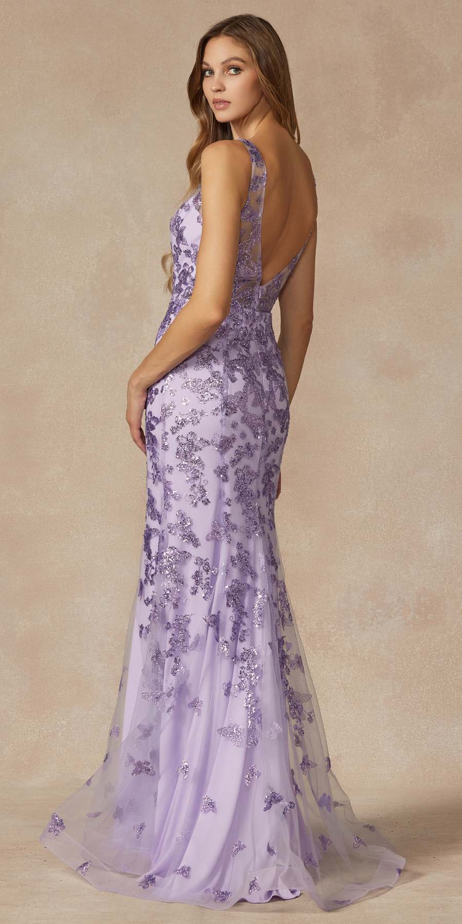 Juliet 294 Long Butterfly Appliques Low V-Neck Prom Dress by DiscountDressShop