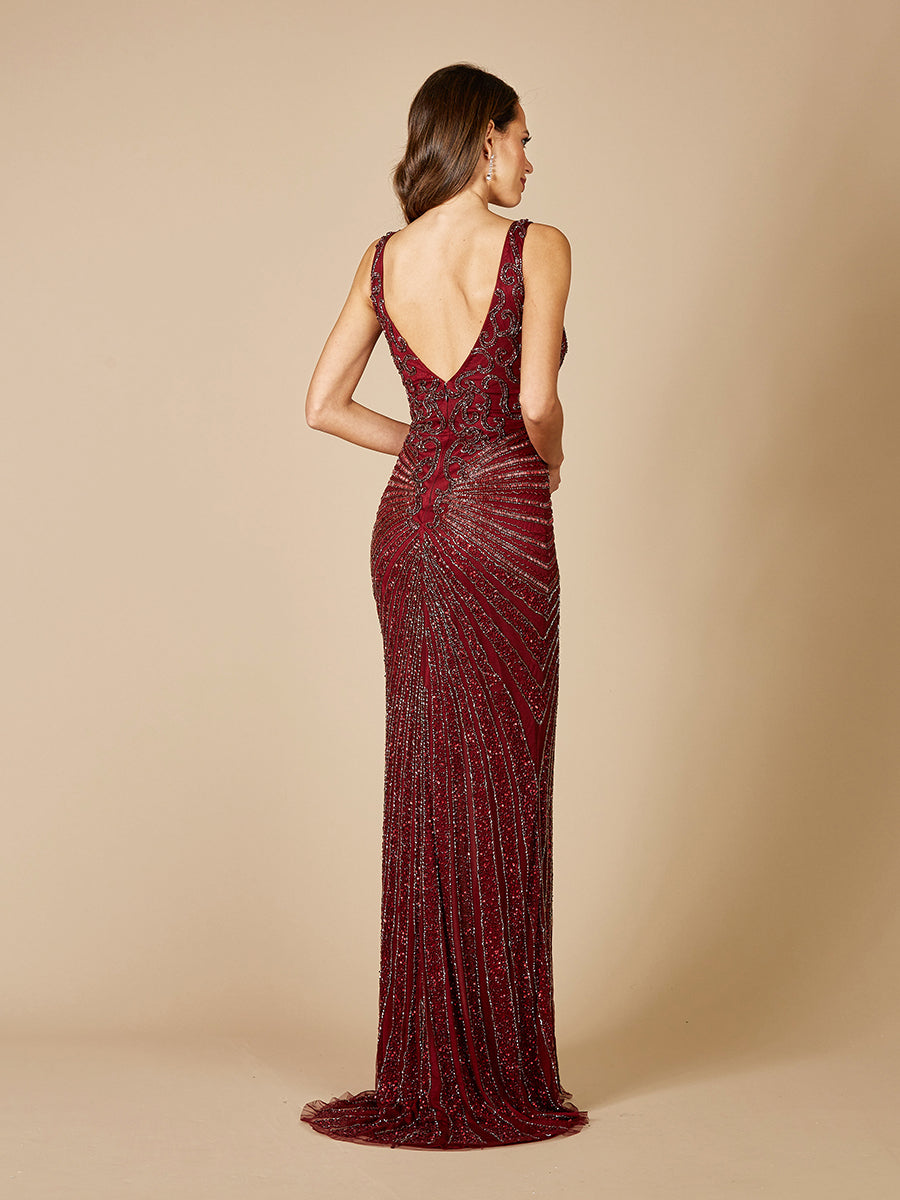 Lara 29528 - Thigh High Slit Beaded Gown by Lara New York