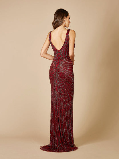 Lara 29528 - Thigh High Slit Beaded Gown by Lara New York