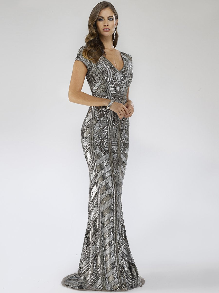 Lara 29540 - Body Con Beaded Silver Petite Dress by Lara New York