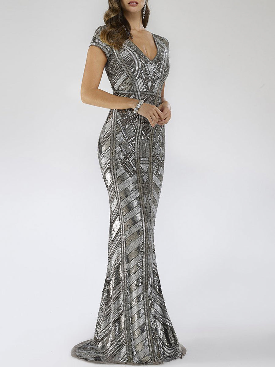 Lara 29540 - Body Con Beaded Silver Petite Dress by Lara New York