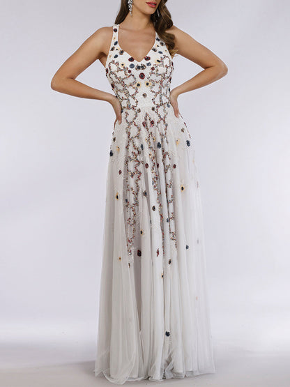 Lara 29544 - Beaded Dress with Open Cross Back and Flowy Skirt by Lara New York