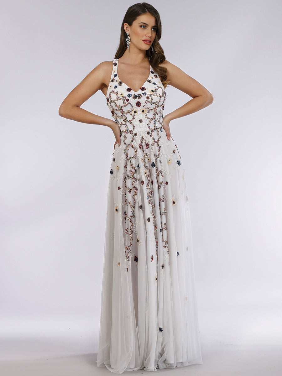 Lara 29544 - Beaded Dress with Open Cross Back and Flowy Skirt by Lara New York