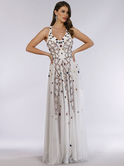 Lara 29544 - Beaded Dress with Open Cross Back and Flowy Skirt by Lara New York