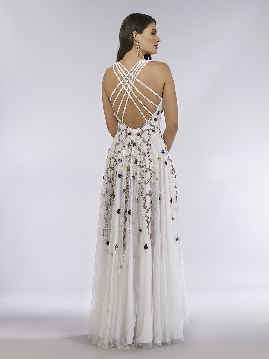 Lara 29544 - Beaded Dress with Open Cross Back and Flowy Skirt by Lara New York