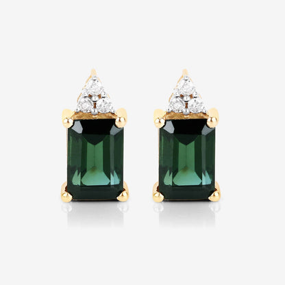 1.25 Carat Genuine Green Tourmaline and White Diamond 14K Yellow Gold Earrings  DestGlow