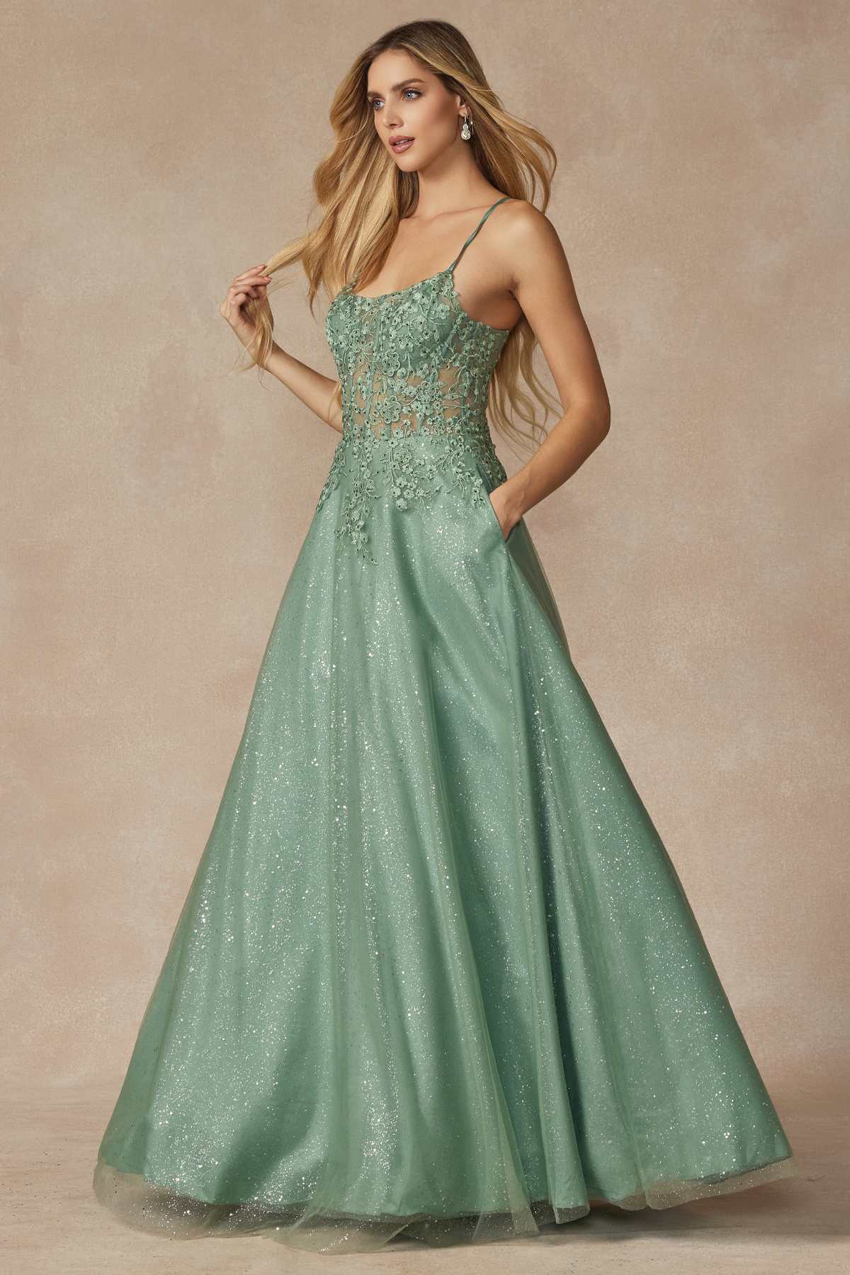 Juliet 295 Floor Length Leaf Lace Gown Corset Bodice Prom Gown by DiscountDressShop