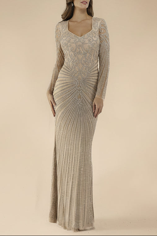 Lara 29602 - V Neck Beaded Long Sleeve Dress by Lara New York
