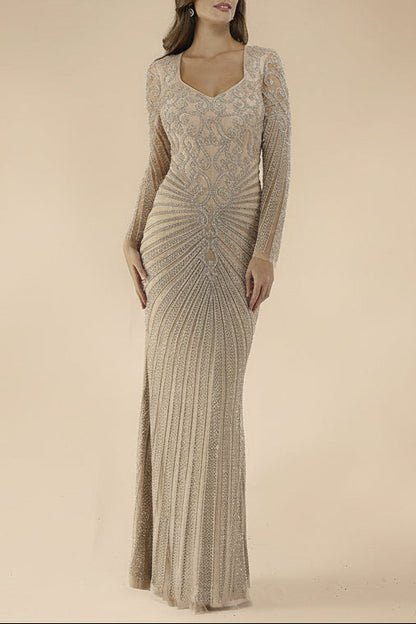 Lara 29602 - V Neck Beaded Long Sleeve Dress by Lara New York