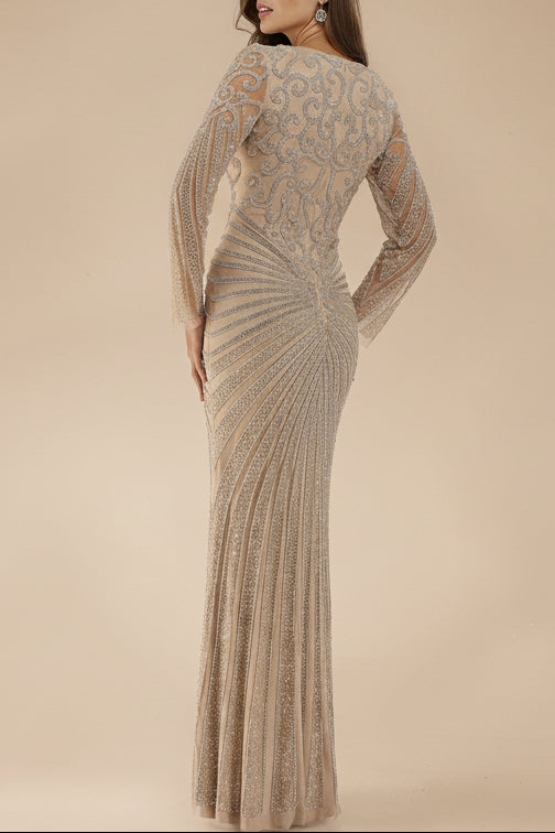 Lara 29602 - V Neck Beaded Long Sleeve Dress by Lara New York
