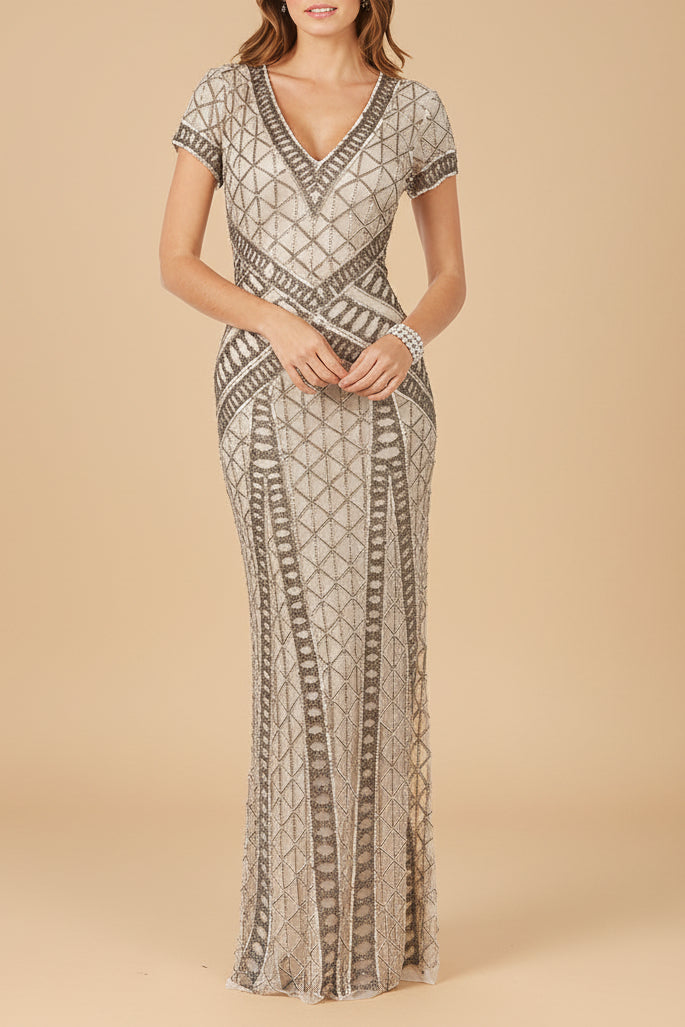 Lara 29746 - Beaded V-Neckline Dress with Cap Sleeves by Lara New York