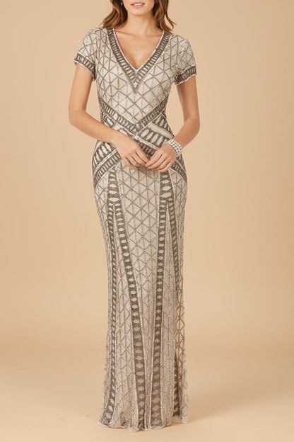 Lara 29746 - Beaded V-Neckline Dress with Cap Sleeves by Lara New York