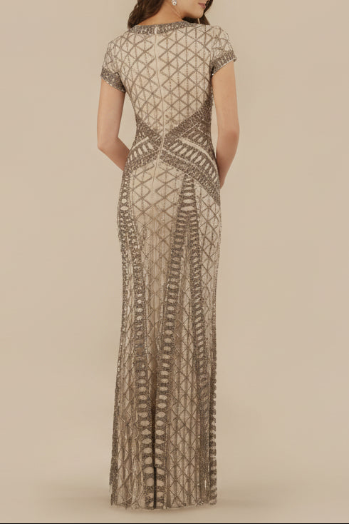 Lara 29746 - Beaded V-Neckline Dress with Cap Sleeves by Lara New York
